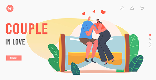 Couple in Love Landing Page Template. Happy Loving Man and Woman Holding Hands, Hug Sitting on Huge Hourglass. Joyful Lover Relationship, Dating, Characters Romance. Cartoon People Vector Illustration