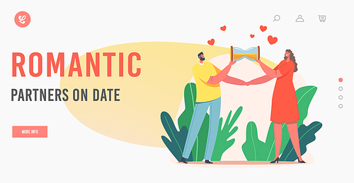 Romantic Partners on Date Landing Page Template. Happy Loving Couple Hold Hourglass, Spend Time Together. Lovers Sparetime, Dating. Man and Woman Characters in Love. Cartoon People Vector Illustration