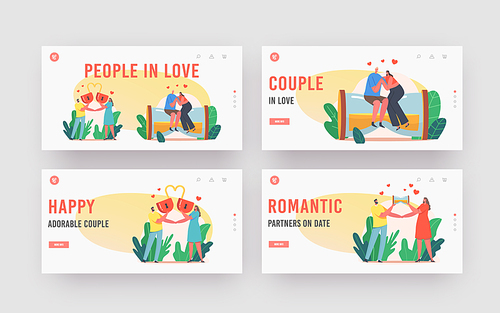 People in Love Landing Page Template Set. Happy Couples Relations, Loving Male Female Characters with Heart Lock, Man and Woman Sitting on Huge Hourglass, Romantic Dating. Cartoon Vector Illustration