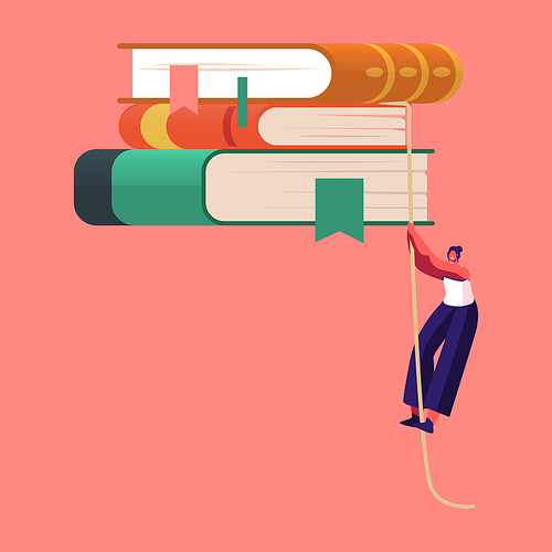 Tiny Female Character Climbing by Rope on Bookshelf with Huge Books. Education, Preparation to Exams and Reading Hobby. Girl Student in Library, Archive with Bookcase. Cartoon Vector Illustration