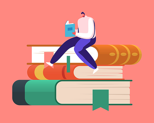 Tiny Male Character Bookworm Reading in Library Sitting on Huge Pile of Books. Young Man Student Spend Time in Athenaeum Prepare for Examination in Literature Storage. Cartoon Vector Illustration