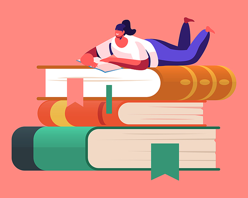 Tiny Female Character Enthusiastically Reading Lying on Huge Book Pile. Young Woman Student or Bookworm Spend Time in Library or Prepare for Examination Gaining Knowledge. Cartoon Vector Illustration