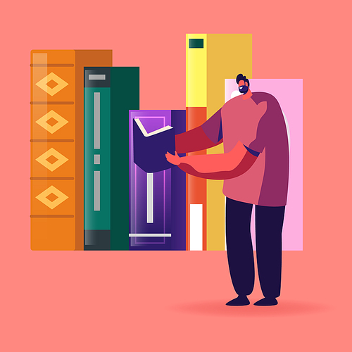 Tiny Student Character Stand on Bookshelf with Huge Books Learning Homework or Prepare to Exams in University or College. Young Man Education, Gaining Knowledge Concept. Cartoon Vector Illustration