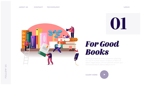 Reading and Education Landing Page Template. Tiny Male and Female Character on Shelf with Huge Books. People Read and Study, Students Prepare for Examination, Knowledges. Cartoon Vector Illustration