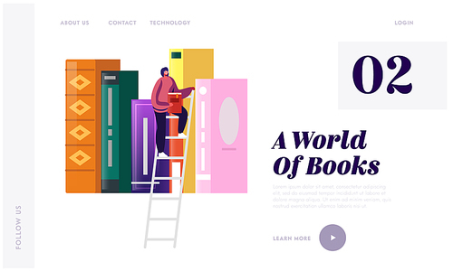 Woman in Library Reading and Searching Books Landing Page Template. Girl Student in Athenaeum Room with Bookshelf and Ladder, Tiny Female Character in Literature Storage. Cartoon Vector Illustration