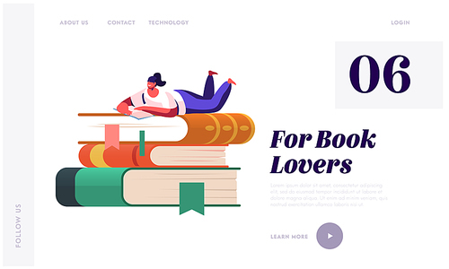 Young Woman Student or Bookworm Spend Time in Library Landing Page Template. Tiny Female Character Enthusiastically Reading Lying on Huge Book Pile Prepare for Examination. Cartoon Vector Illustration