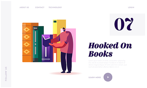 Education, Gaining Knowledge Landing Page Template. Tiny Man Student Character Stand on Bookshelf with Huge Books Learning Homework or Prepare to Exams in University. Cartoon Vector Illustration