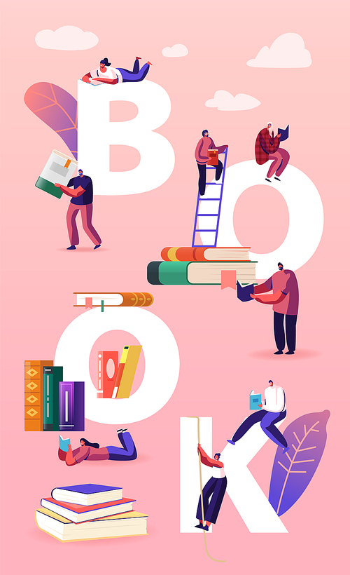 Reading and Education Concept. Tiny Male Female Character with Huge Books. People Read and Study, Students Prepare for Examination, Gaining Knowledges Poster Banner Flyer. Cartoon Vector Illustration