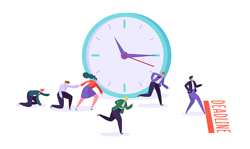 Office deadline and business characters competition. Time management on the road to success. Group of running businessmen to achieve results. Help colleagues to complete project. Vector illustration