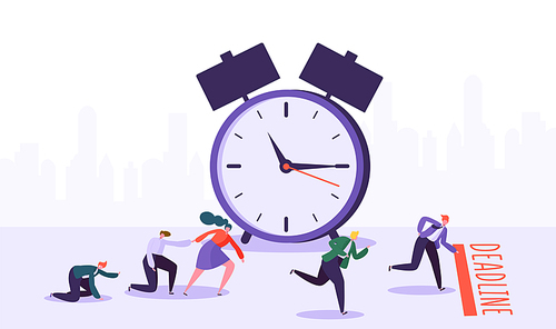 Office deadline concept with business characters. Time management on the road to success. Group of running businessmen to achieve results. Help colleagues to complete project. Vector illustration