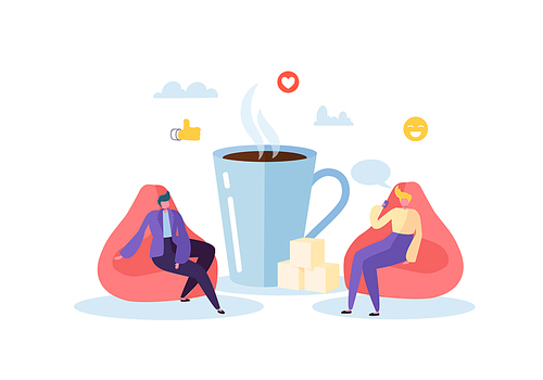 Office Lunch Time. Business People Characters on Coffee Break. Employees Talking, Resting and Drinking Hot Drinks. Vector illustration