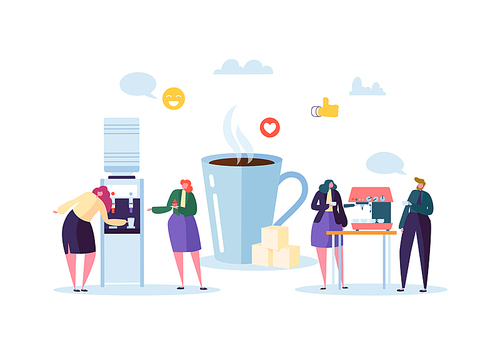 Office Lunch Time. Business People Characters on Coffee Break. Employees Talking, Resting and Drinking Hot Drinks. Vector illustration