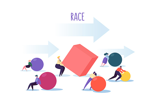 Business Competition Concept. People Characters Move Geometric Shapes. Team Work Leadership and Strategy. Competitive Race with Businessmen. Vector illustration