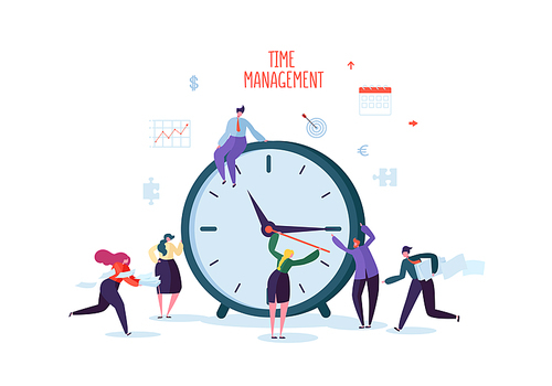 Time Management Concept. Flat Characters Organization Process. Business People Working Together Team Work. Vector illustration