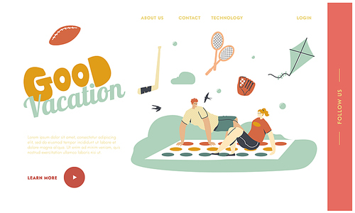 Young Characters Playing Twister Landing Page Template. Summer Time Vacation and Spare Time. Happy People Playing Outdoor Activity in Park. Holidays Vacation, Leisure Relax. Linear Vector Illustration