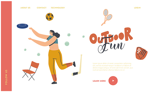 Female Character Outdoor Activity Landing Page Template. Happy Woman Playing in Park Throw Flying Plate. Summer Vacation and Spare Time. Summertime Holidays, Vacation Relax. Linear Vector Illustration