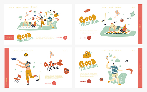 Happy People Enjoy Summer Outdoor Activities Landing Page Template Set. Characters Play Twister, Badminton, Throw Flying Plate and Boomerang. Friends and Family on Picnic. Linear Vector Illustration