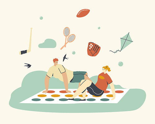 Young Characters Playing Twister, Summer Time Vacation and Spare Time. Happy People Playing Outdoor Activity in Park. Leisure Recreation, Summertime Holidays Vacation Relax. Linear Vector Illustration