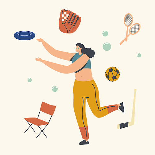 Female Character Outdoor Activity, Happy Woman Playing in Park Throw Flying Plate. Summer Vacation and Spare Time. Leisure Recreation, Summertime Holidays, Vacation Relax. Linear Vector Illustration