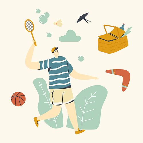 Summertime Holidays Relax. Man Playing Badminton on Picnic. Outdoor Activity, Summer Time Vacation and Spare Time. Happy Male Character Have Leisure Recreation in Park. Linear Vector Illustration