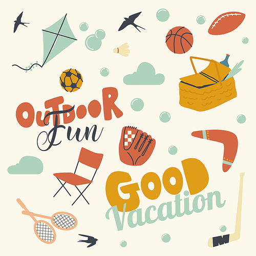 Set Outdoor Activity and Fun, Good Vacation. Kite, Baseball, Soccer and Rugby Balls, Picnic Bag, Chair, Badminton Rackets with Boomerang. Clouds, Birds and Basketball Glove. Linear Vector Illustration