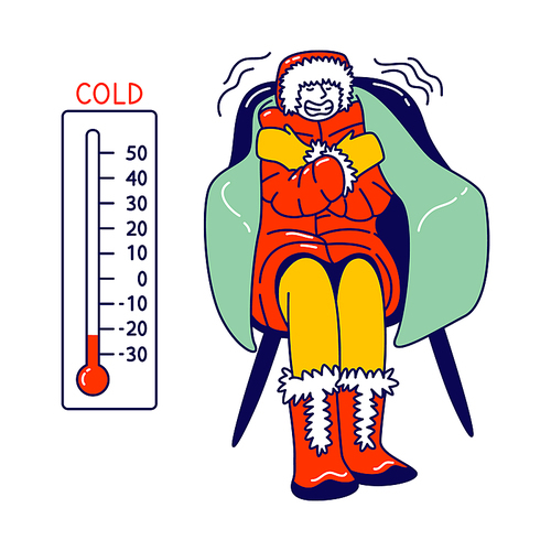 Freezing Female Character Wrapped in Warm Winter Clothes, Hat and Boots Sitting in Armchair with Thermometer Show Low Minus Degrees Temperature. Cold Weather, Freeze. Linear Vector Illustration