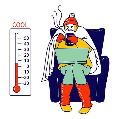 Freezing Female Character Wrapped in Warm Winter Clothes Sitting in Armchair with Hot Drink Working on Laptop, Thermometer Show Low Degrees Temperature. Cold Weather Freeze. Linear Vector Illustration