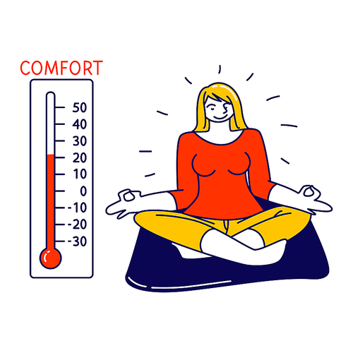 Relaxed Female Character Sitting in Lotus Posture Meditating at Home with Thermometer Show Warm Comfort Temperature. Climate Control, Air Conditioning, Tranquil Meditation. Linear Vector Illustration