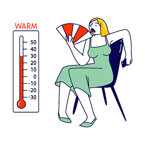 Unhappy Female Character with Fan Sweating Sit at Home Suffering of High Uncomfortable Temperature during Summer Time Hot Period. Heat Stroke, Extremal Heating Conditions. Linear Vector Illustration