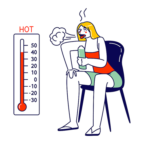 Woman Drinking Water from Bottle to Avoid Heat Stroke. Female Character Sitting at Chair Look on Thermometer Suffering of High Temperature during Summer Time at Home. Linear Vector Illustration