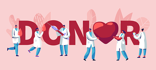 Donor Concept. Male, Female Doctors Characters in Medical Uniform. Blood Donation Laboratory, Healthcare, Charity, World Donor Day Poster, Banner, Flyer, Brochure. Cartoon Flat Vector Illustration