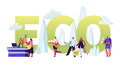 Eco Packing Concept, People Stand in Queue with Reusable Packaging in Hands Visiting Open Air Store. Male Female Characters Shopping, Poster, Banner, Flyer, Brochure. Cartoon Flat Vector Illustration