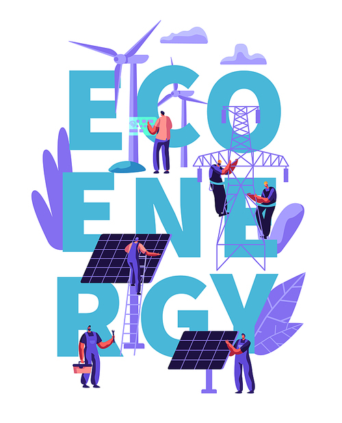 Green Eco Alternative Clean Energy Concept, Ecology, Environment. People at Wind Mill Turbines, Solar Panels. Sustainable Power Supply. Poster, Banner, Flyer, Brochure Cartoon Flat Vector Illustration