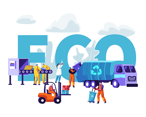 Garbage Recycling Eco Concept. Workers Collecting Litter to Truck. Scientist Testing Water in Flask, Metallurgy Factory Working Process Poster, Banner, Flyer, Brochure Cartoon Flat Vector Illustration