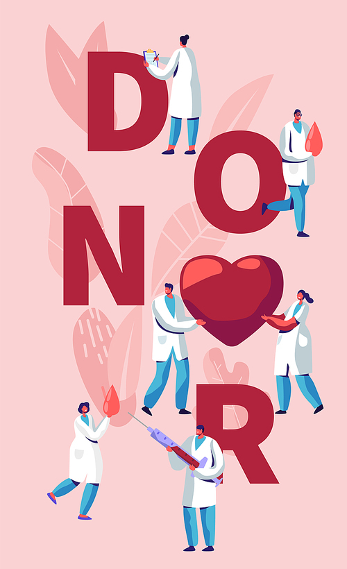 Donor Concept. Male, Female Doctors Characters in Medical Uniform. Blood Donation Laboratory, Healthcare, Charity, World Donor Day Poster, Banner, Flyer, Brochure. Cartoon Flat Vector Illustration