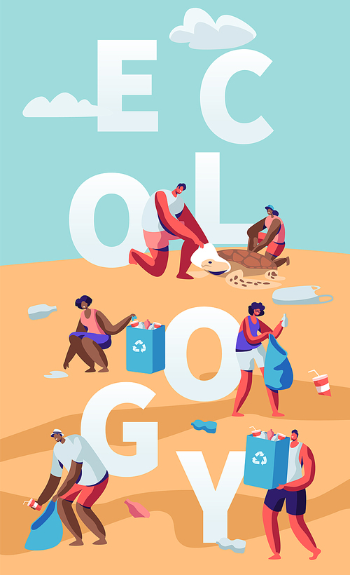Ecology Protection Concept, People Collecting Trash on Beach. Pollution of Seaside with Garbage. Volunteers Clean Up Wastes on Coast Poster, Banner, Flyer, Brochure. Cartoon Flat Vector Illustration