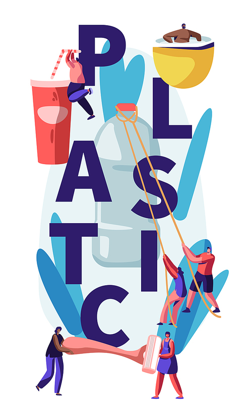 People Characters Using Plastic Things Concept. Water Bottle, Beverage Cup, Shaving Machine, Yogurt Container, Human Product Consuming Poster, Banner, Flyer, Brochure. Cartoon Flat Vector Illustration