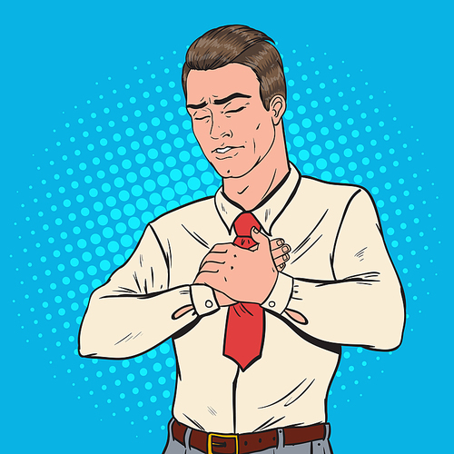 Pop Art Sick Man with Chest Pain. Heart Attack Unhealthy Feeling. Vector illustration