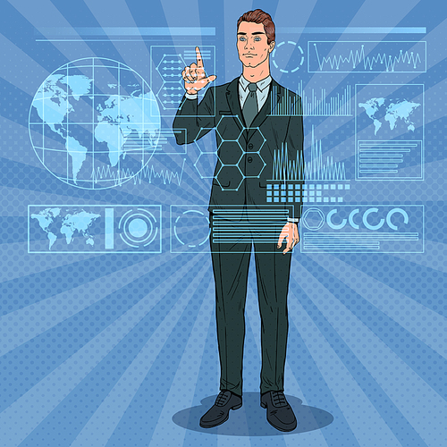 Pop Art Businessman Using Virtual Holographic Interface. Futuristic Technology Touchscreen. Vector illustration