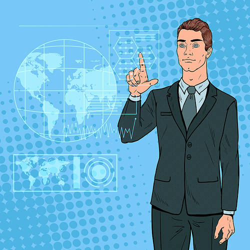 Pop Art Businessman Using Virtual Holographic Interface. Futuristic Technology Touchscreen. Vector illustration