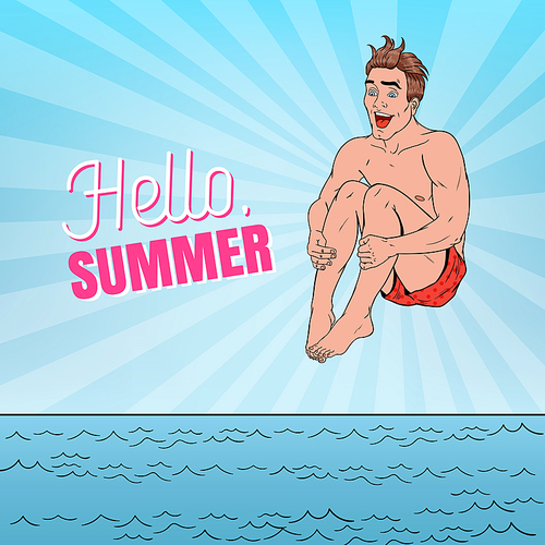 Pop Art Happy Man Jumping into the Sea. Hello Summer Beach Vacation Concept. Vector illustration