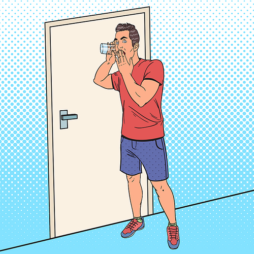 Pop Art Man Overhears Conversation with Glass. Guy Eavesdrops. Vector illustration