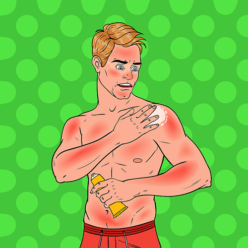 Pop Art Man with Sunburn. Tourist Applying Suncream on Sunburned Skin. Vector illustration