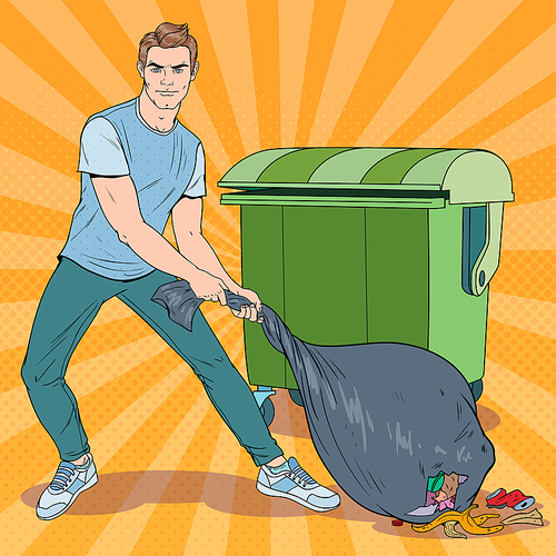 Pop Art Young Man Holding Trash Bag. Guy with Stinky Garbage Bag. Vector illustration