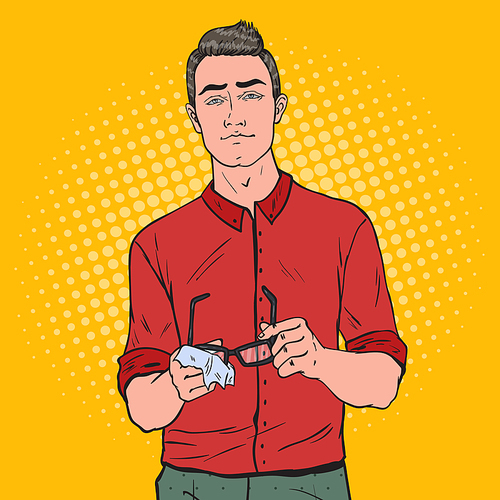 Pop Art Young Man Wiping his Eyeglasses with Rag. Vector illustration