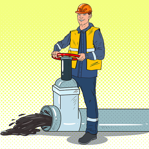 Pop Art Oilman Works with Oil Pipe. Petrochemical Industry. Vector illustration