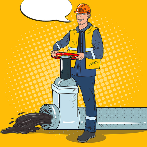 Pop Art Oilman Works with Oil Pipe. Petrochemical Worker. Vector illustration