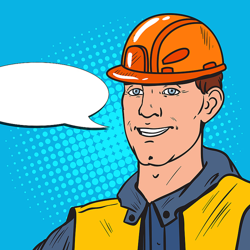 Pop Art Smiling Industrial Worker. Man in Uniform and Helmet. Vector illustration