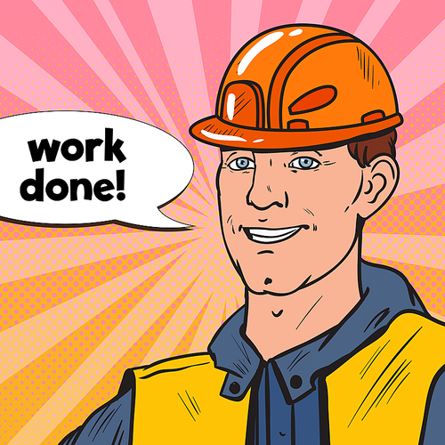 Pop Art Smiling Industrial Worker. Man in Builder Uniform and Helmet. Vector illustration