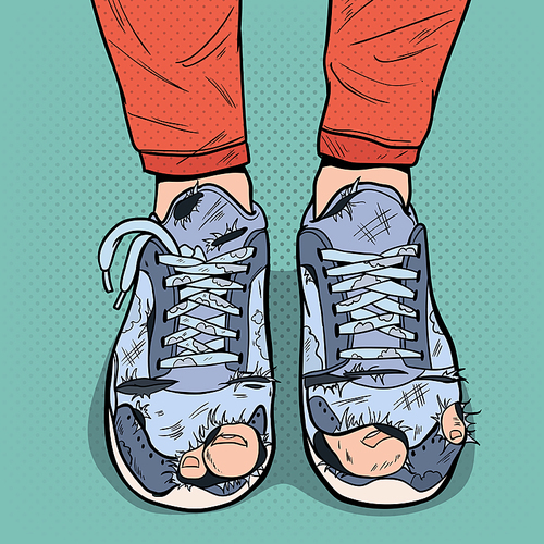 Pop Art Old Sneakers. Dirty Old Shoes. Hipster Wear Damaged Footwear. Vector illustration